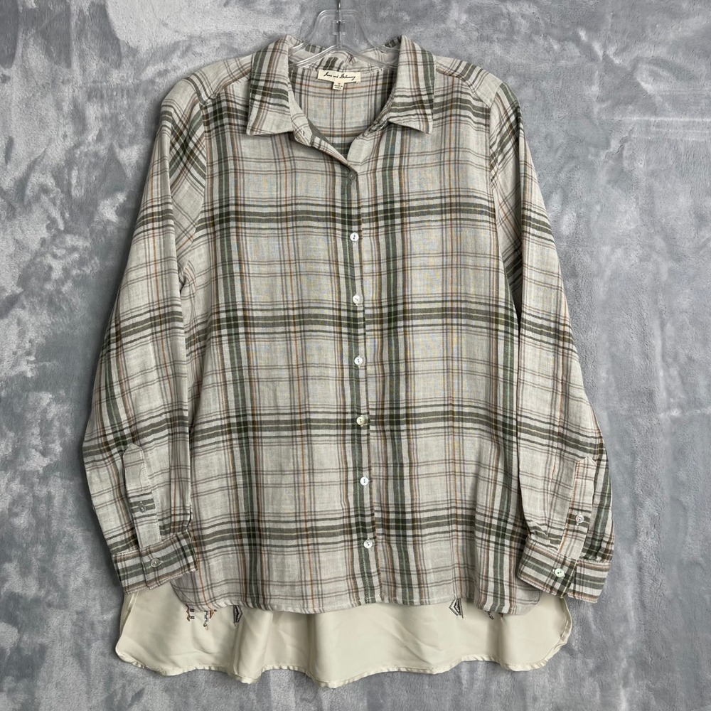 Jane and Delancey‎ Embroidered Plaid Shirt Womens M Oversized Mixed Media Boho - Picture 2 of 8